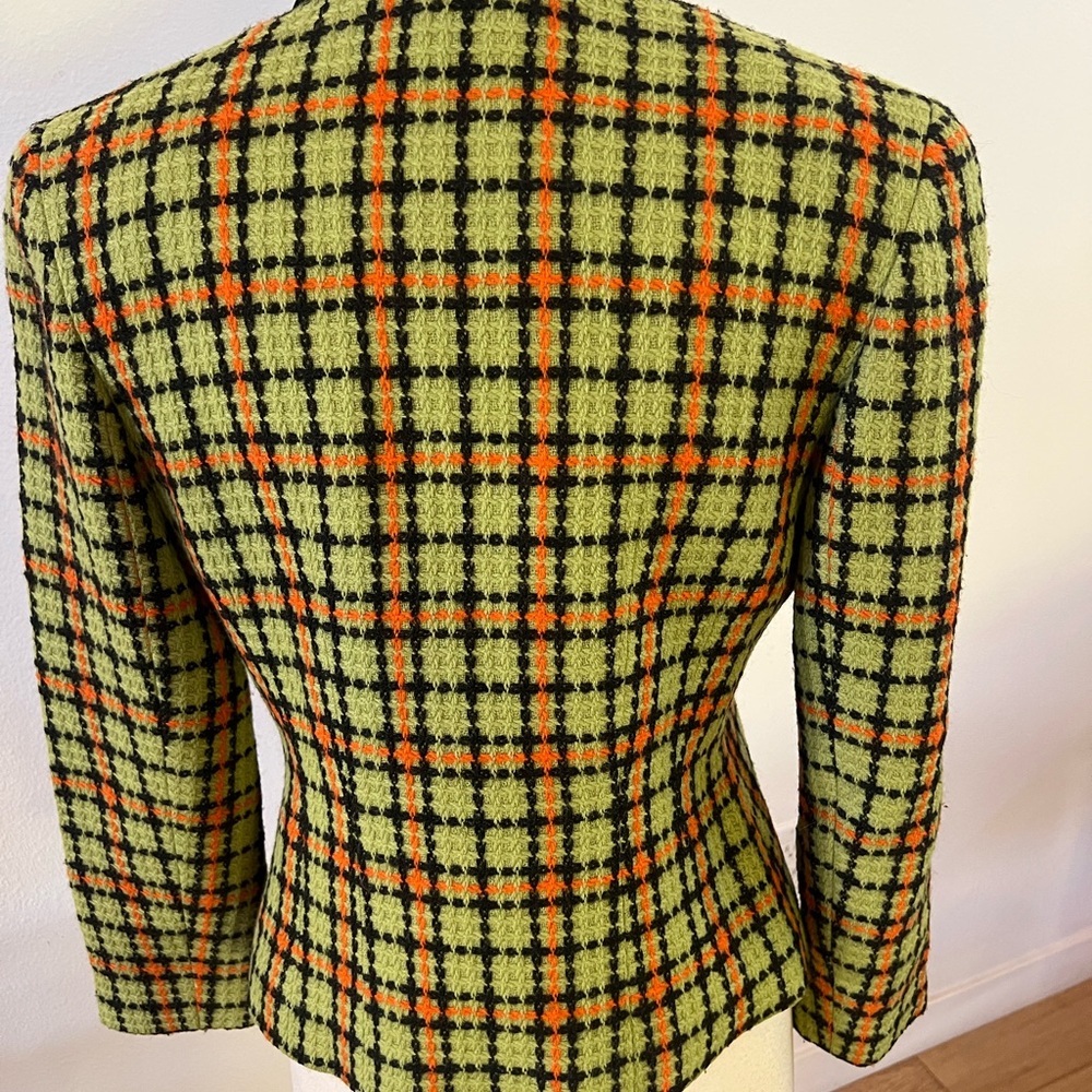 Vintage Plaid Blazer / Jacket with black Leather collar. Green Plaid. Size 4/6 - Picture 5 of 7
